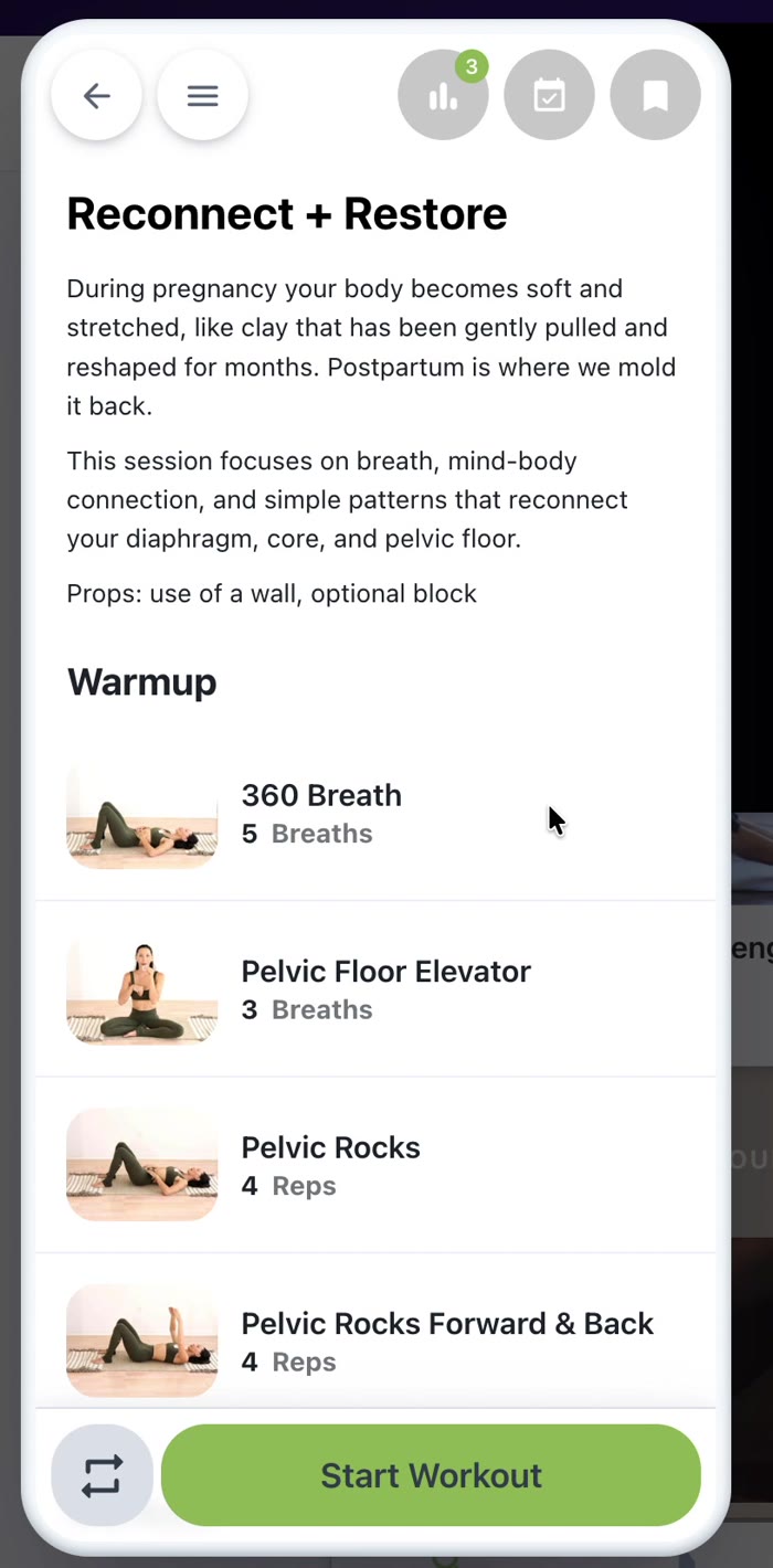 The Rebuild app screen showing the Reconnect and Restore workout