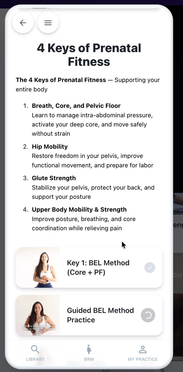 Birth Ready app screen showing the 4 keys of prenatal fitness